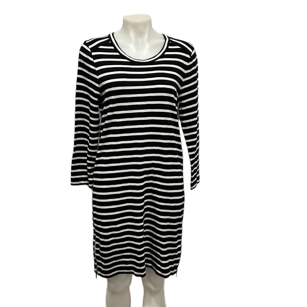 J.Crew black with white stripes cotton 3/4 sleeve dress with side zippers size M